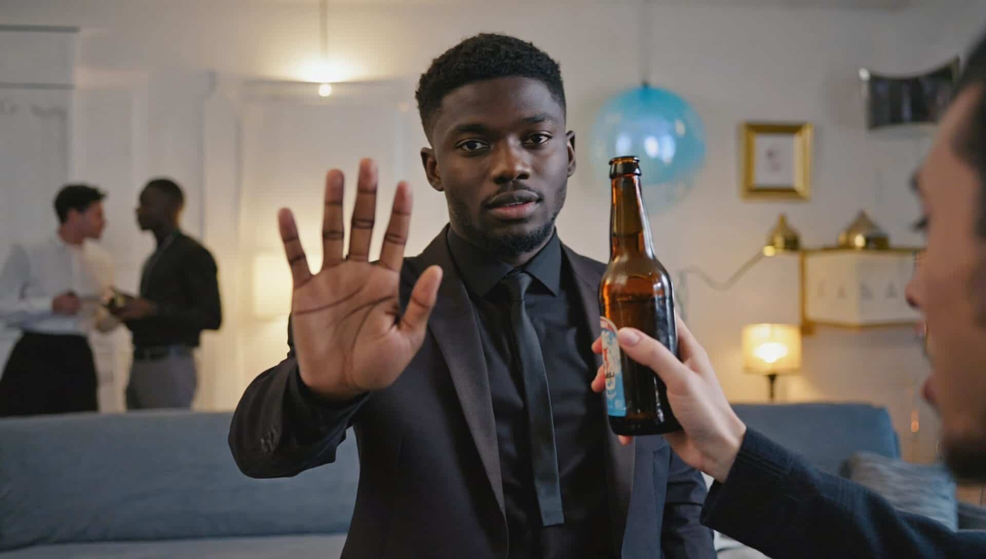 A person at an office party showing a gesture that is refusing a beer bottle handed by another person