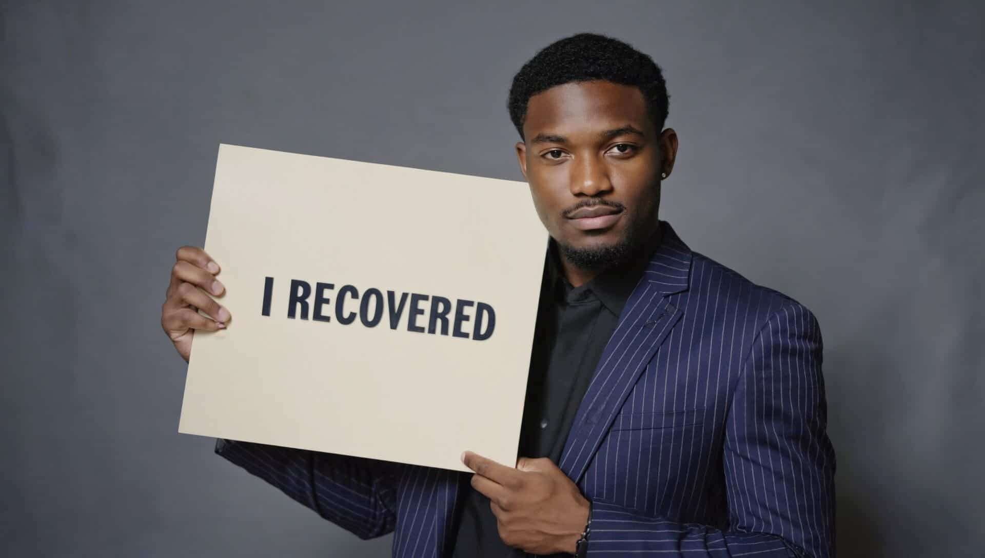 high-functioning alcoholic, in a suit standing up, holding a sign in his hands I Recovered