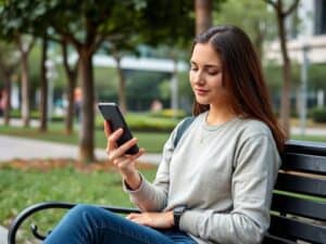 girl sitting on a bench with an addiction recovery app on her phone