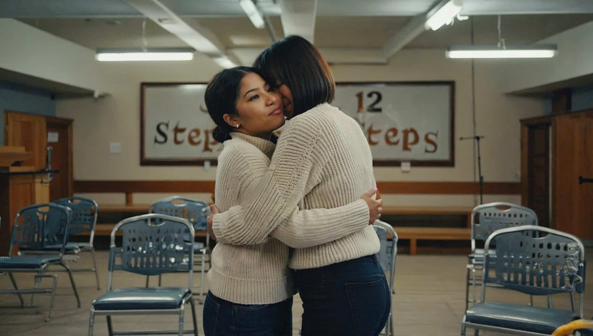 struugles of failing AA, 2 people hugging after alcoholics anonymous meeting 