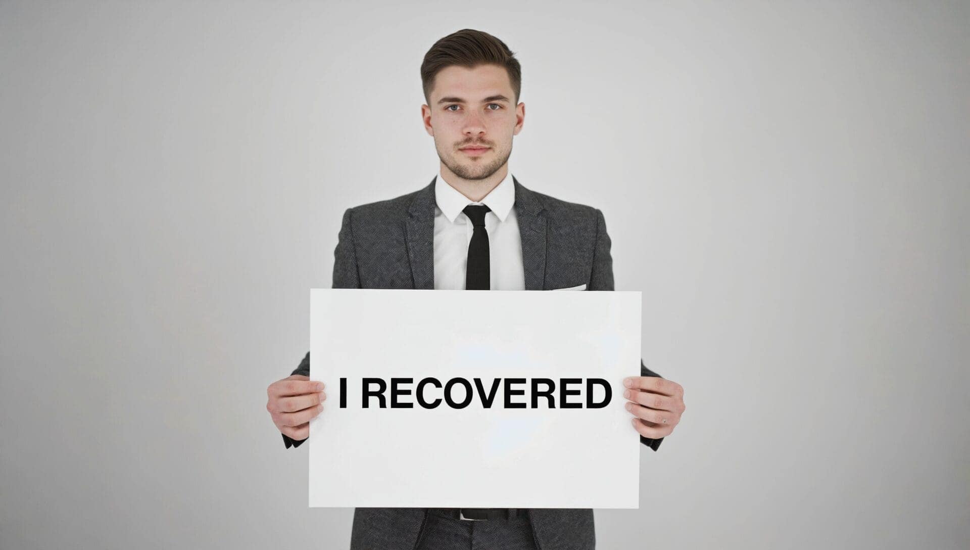 person, in a suit standing up, with a sign in his hands I Recovered (from alcohol adiction)