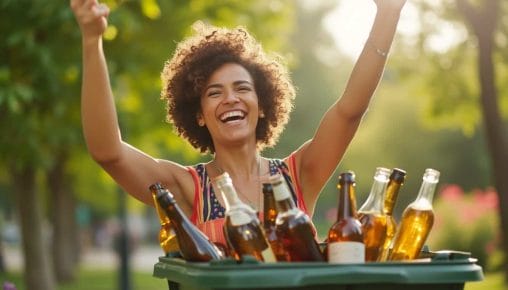 woman after alcohol rehab throwing away all the bottles with alcohol