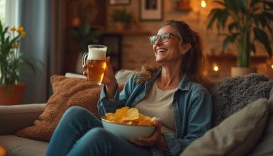 a 40 year woman drinking beer and snacking on chips - how alcoholism affects your weight