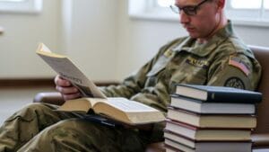 a military person reading a book about addiction recovery