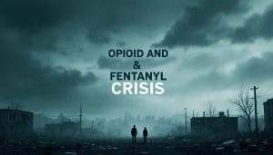 a gloomy image that says Opioid and Fentanyl Crisis